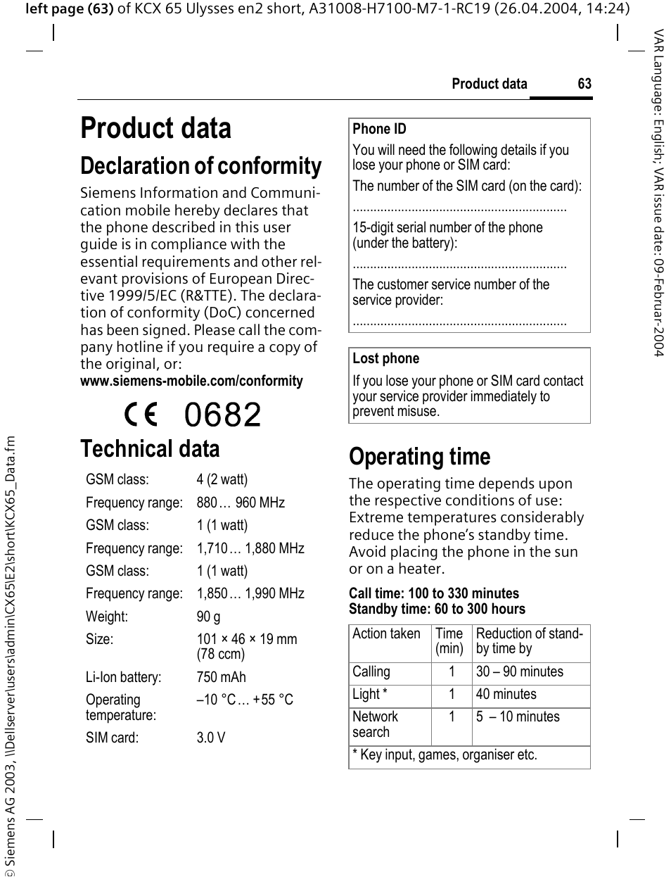 Product data, Declaration of conformity, Technical data | Operating time | Siemens CX65 User Manual | Page 64 / 75