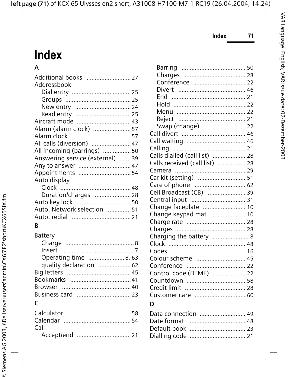 Index | Siemens CX65 User Manual | Page 72 / 75