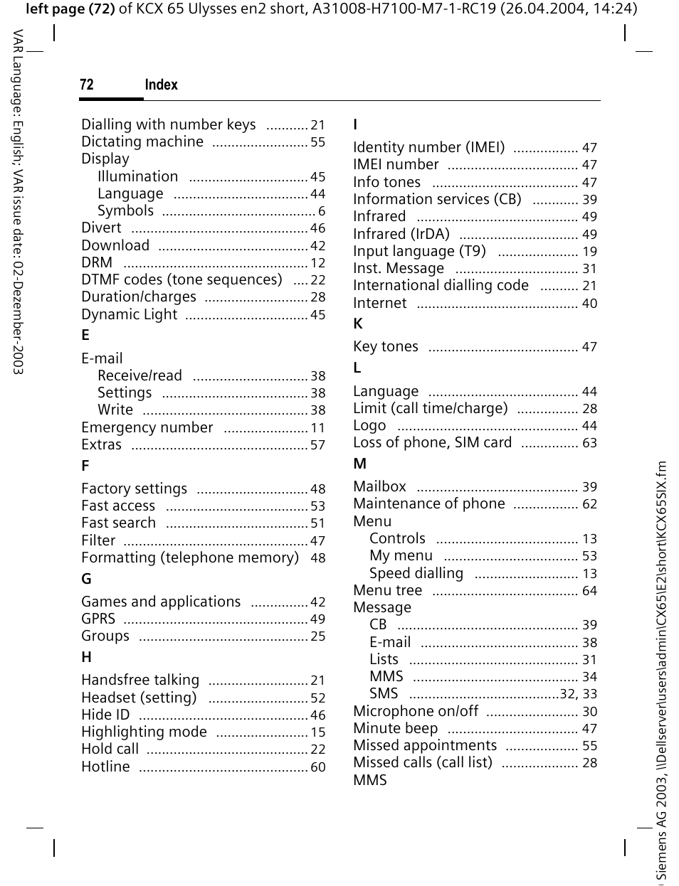 Siemens CX65 User Manual | Page 73 / 75