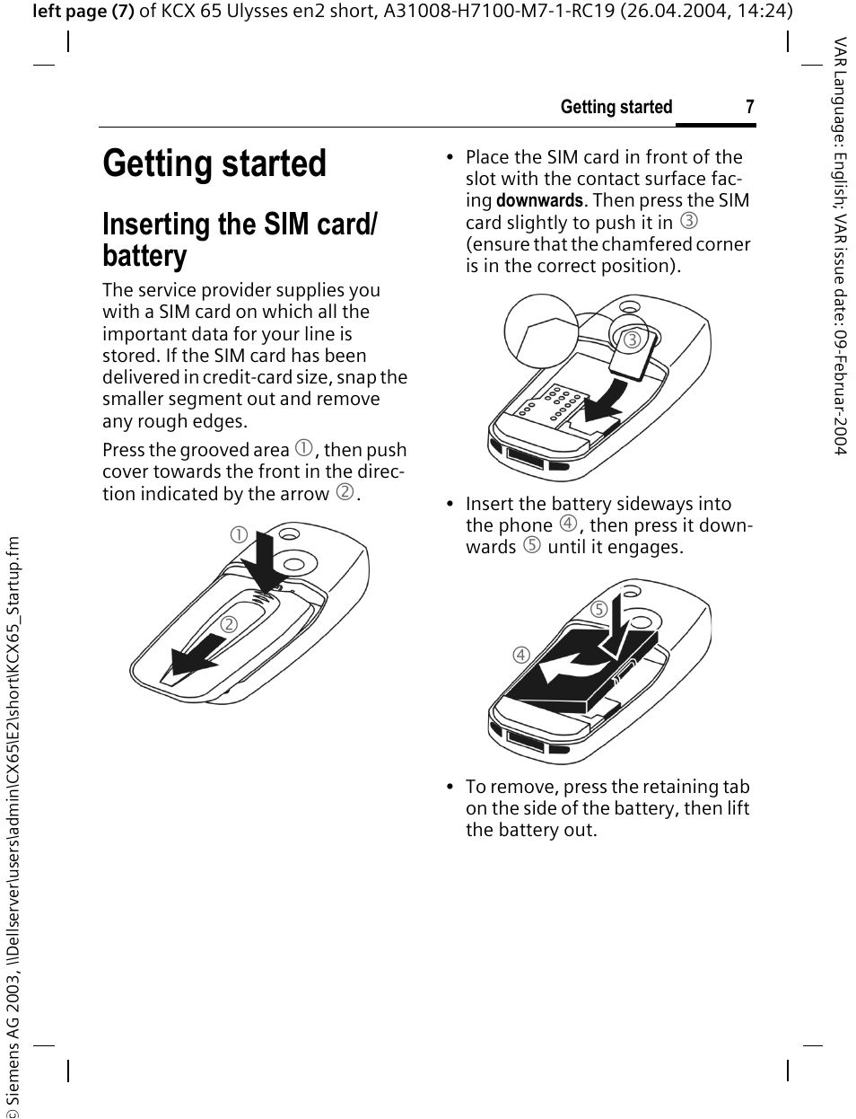 Getting started, Inserting the sim card/ battery | Siemens CX65 User Manual | Page 8 / 75