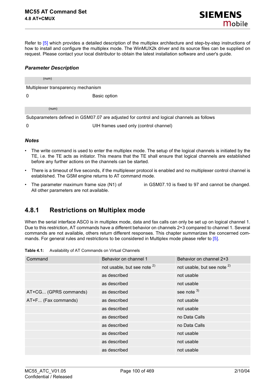 1 restrictions on multiplex mode, Restrictions on multiplex mode, Table 4.1 | Availability of at commands on virtual channels, Mode, Obile | Siemens MC55 User Manual | Page 100 / 469