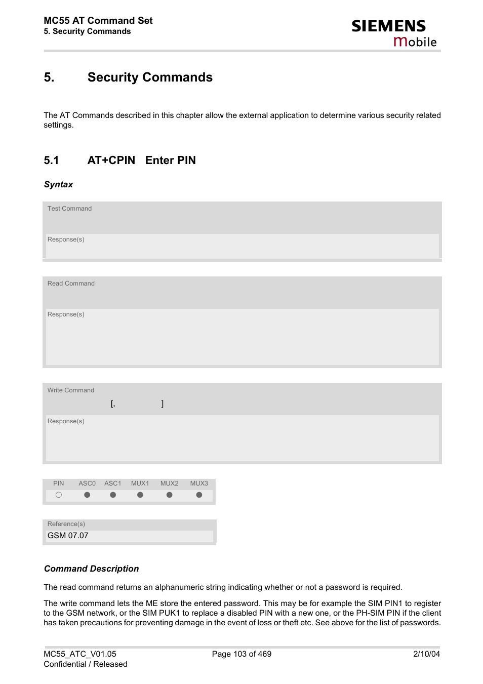 Security commands, 1 at+cpin enter pin, At+cpin enter pin | At+cpin, Obile | Siemens MC55 User Manual | Page 103 / 469