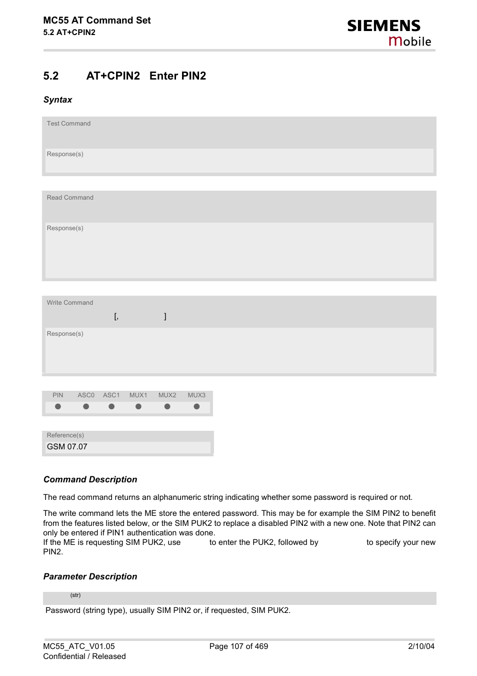 2 at+cpin2 enter pin2, At+cpin2 enter pin2, At+cpin2 | Obile, Mc55 at command set | Siemens MC55 User Manual | Page 107 / 469