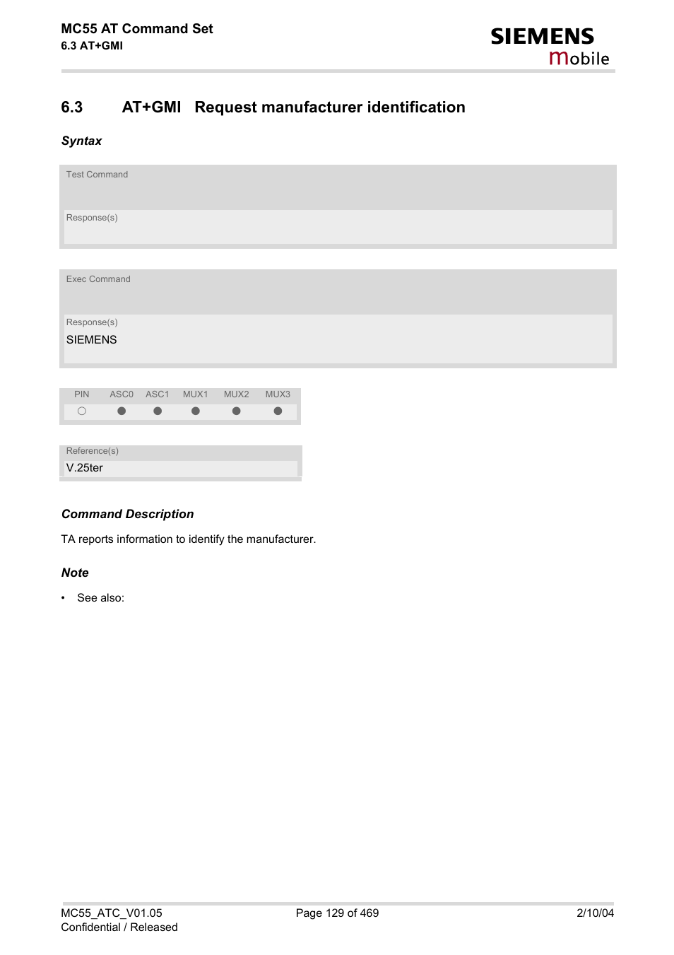 3 at+gmi request manufacturer identification, At+gmi request manufacturer identification, Obile | Siemens MC55 User Manual | Page 129 / 469