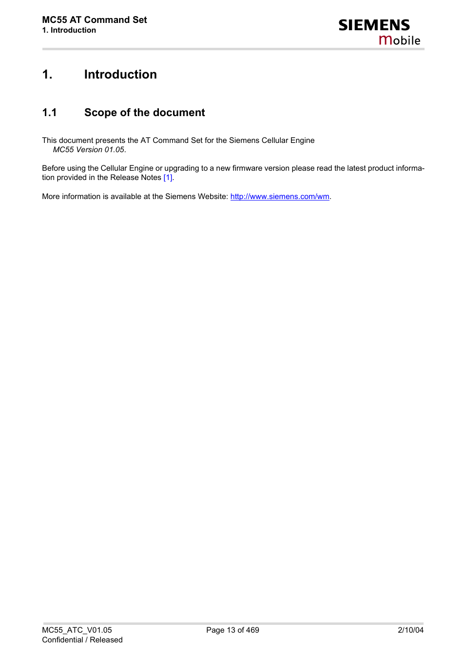 Introduction, 1 scope of the document, Scope of the document | Obile | Siemens MC55 User Manual | Page 13 / 469