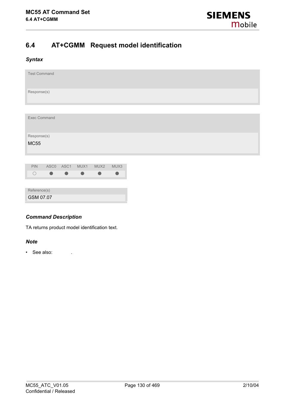 4 at+cgmm request model identification, At+cgmm request model identification, Obile | Siemens MC55 User Manual | Page 130 / 469