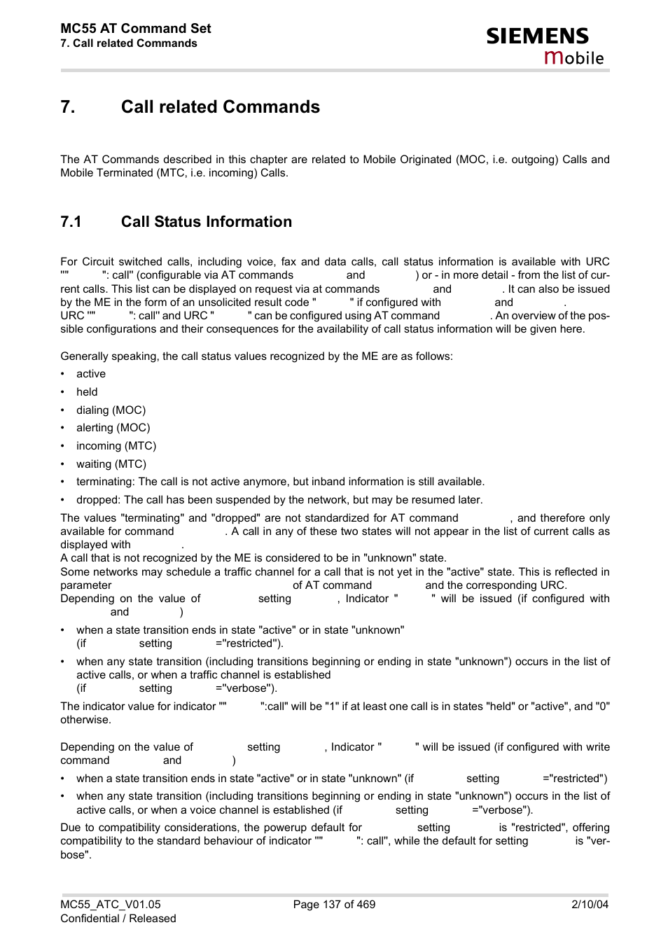 Call related commands, 1 call status information, Call status information | Call status, Information, R to, Call status infor, Mation, Obile | Siemens MC55 User Manual | Page 137 / 469
