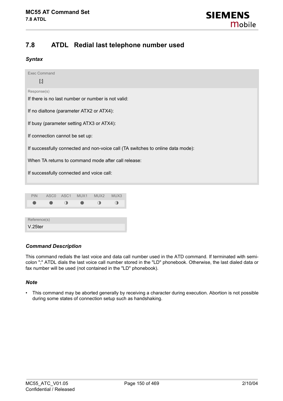 8 atdl redial last telephone number used, Atdl redial last telephone number used, Atdl | Obile | Siemens MC55 User Manual | Page 150 / 469