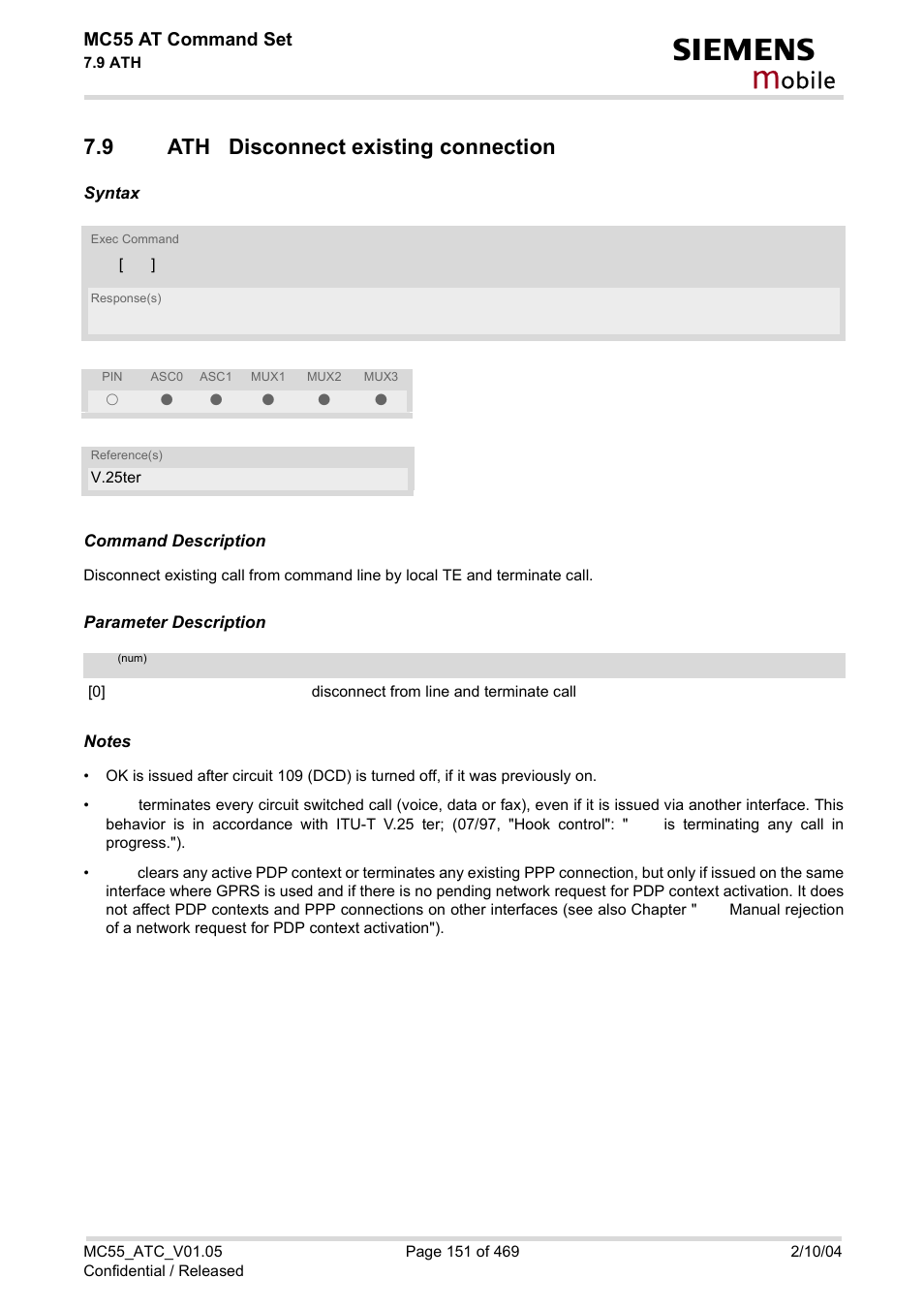 9 ath disconnect existing connection, Ath disconnect existing connection, Obile | Siemens MC55 User Manual | Page 151 / 469