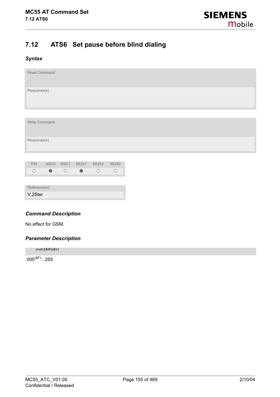 12 ats6 set pause before blind dialing, Ats6, Obile | Siemens MC55 User Manual | Page 155 / 469