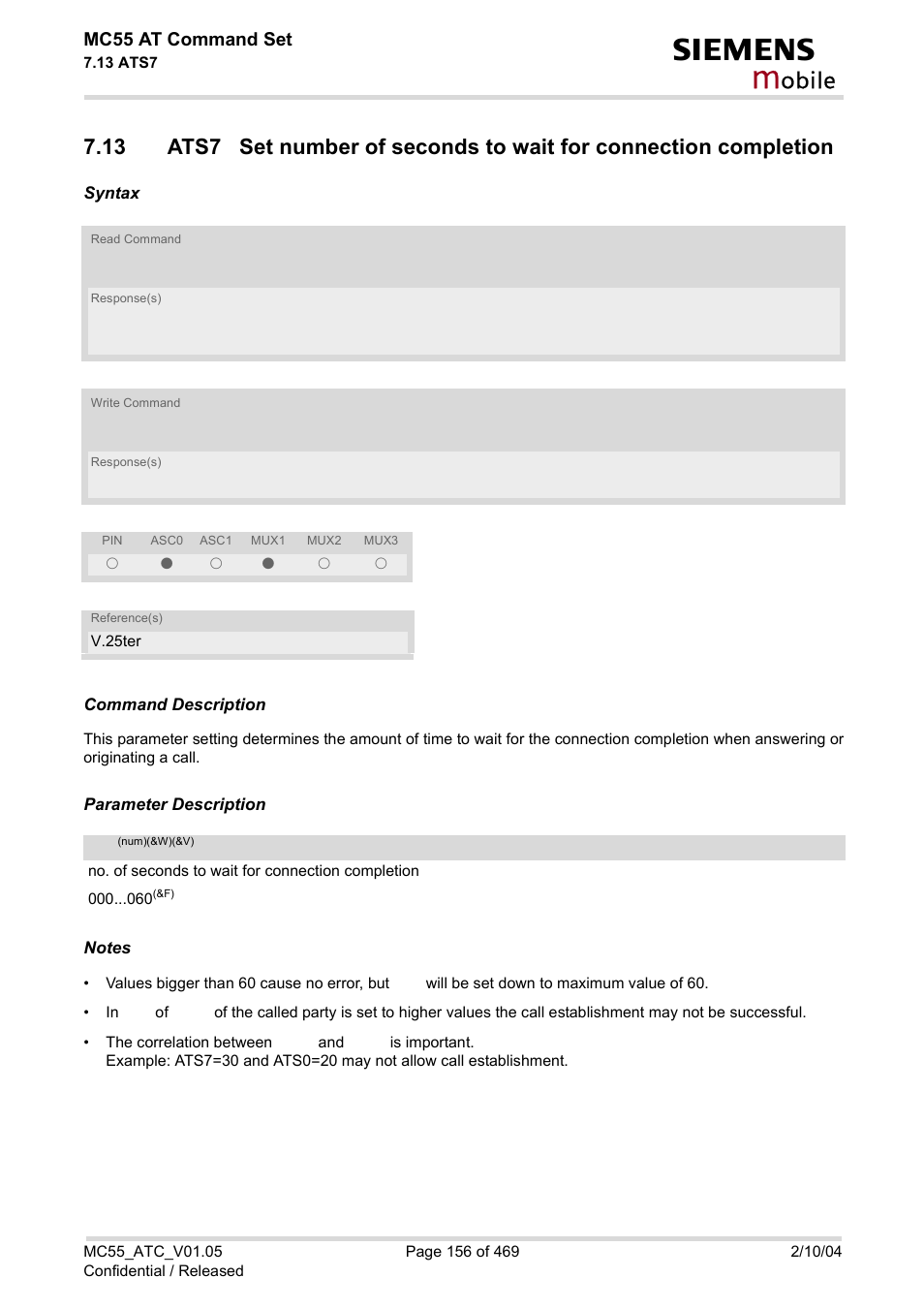 Ats7, Obile, Mc55 at command set | Siemens MC55 User Manual | Page 156 / 469