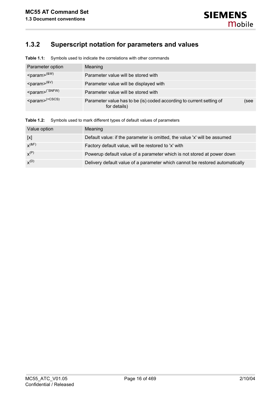 2 superscript notation for parameters and values, Superscript notation for parameters and values, Table 1.1 | Table 1.2, Obile | Siemens MC55 User Manual | Page 16 / 469