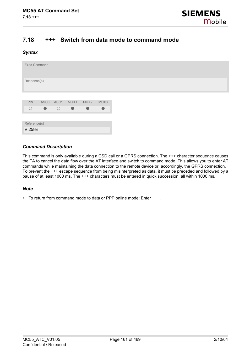 18 +++ switch from data mode to command mode, Obile | Siemens MC55 User Manual | Page 161 / 469