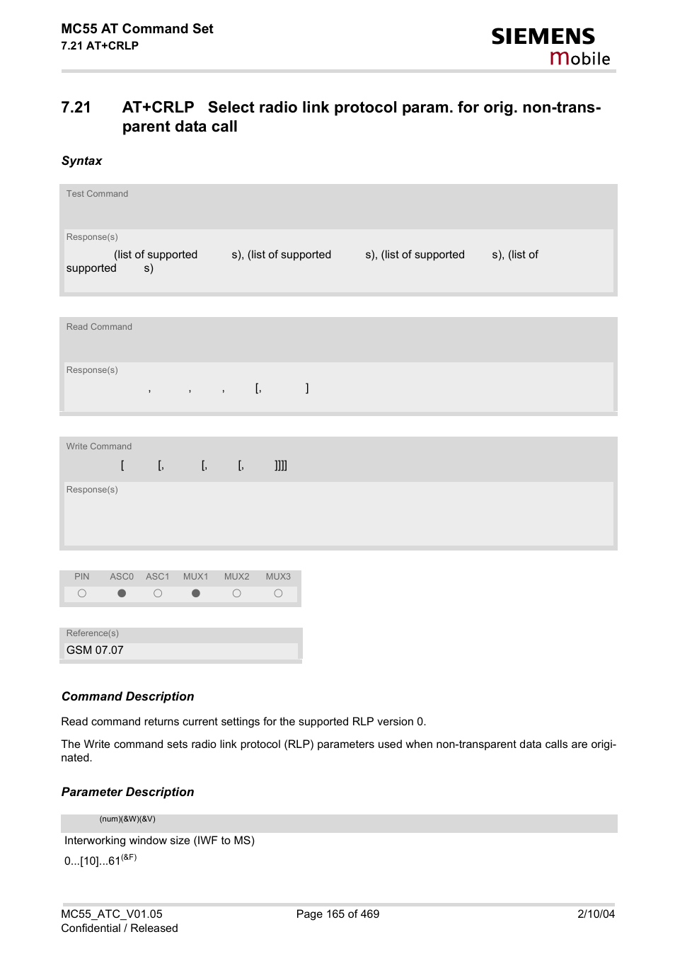 At+crlp, Obile, Mc55 at command set | Siemens MC55 User Manual | Page 165 / 469