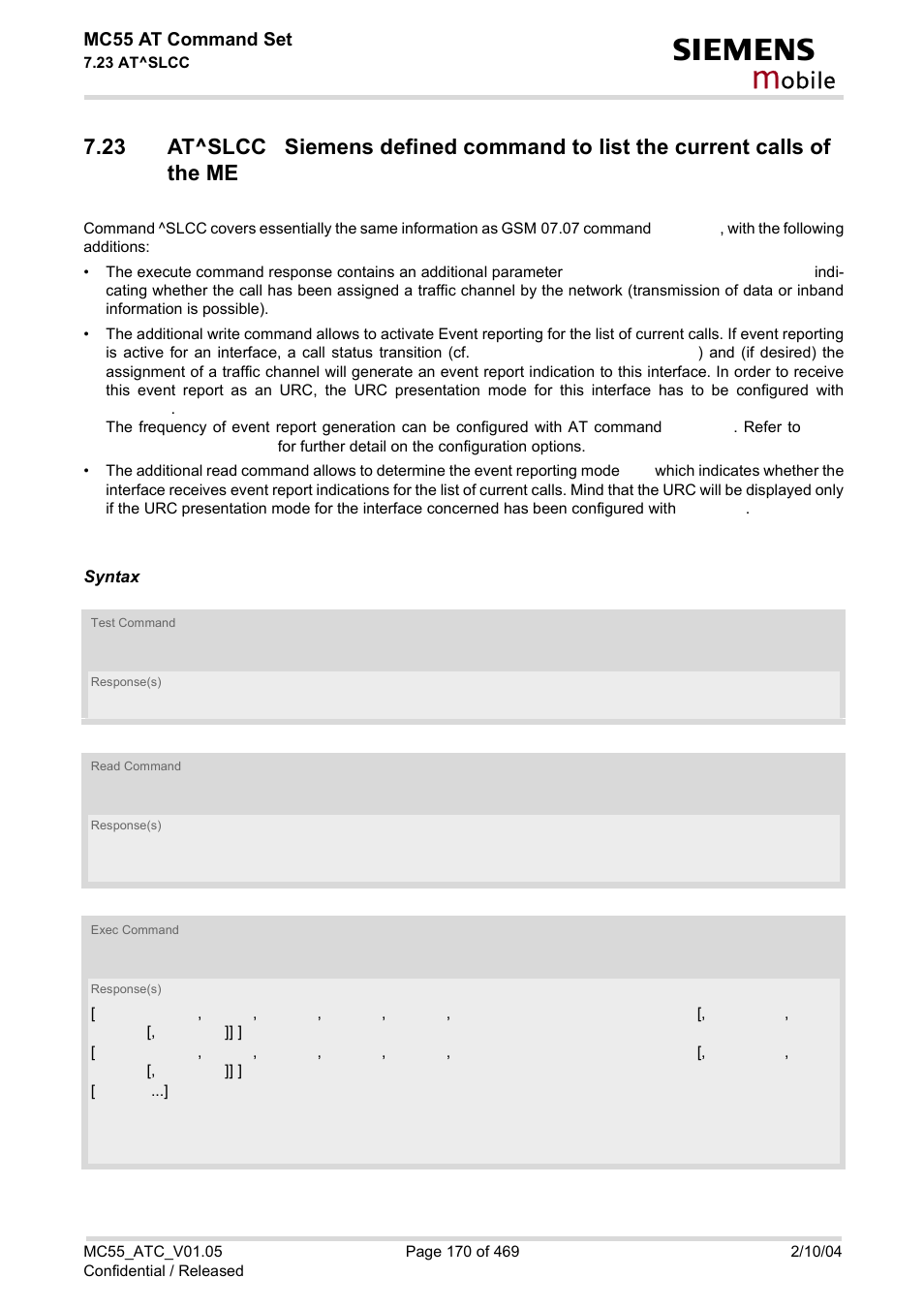 At^slcc, For d, Obile | Mc55 at command set | Siemens MC55 User Manual | Page 170 / 469