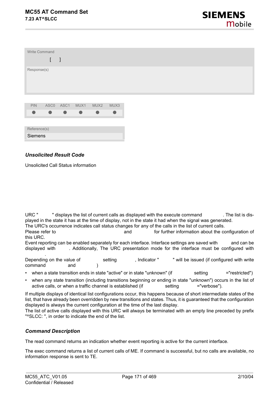 Slcc, Obile, Mc55 at command set | Siemens MC55 User Manual | Page 171 / 469