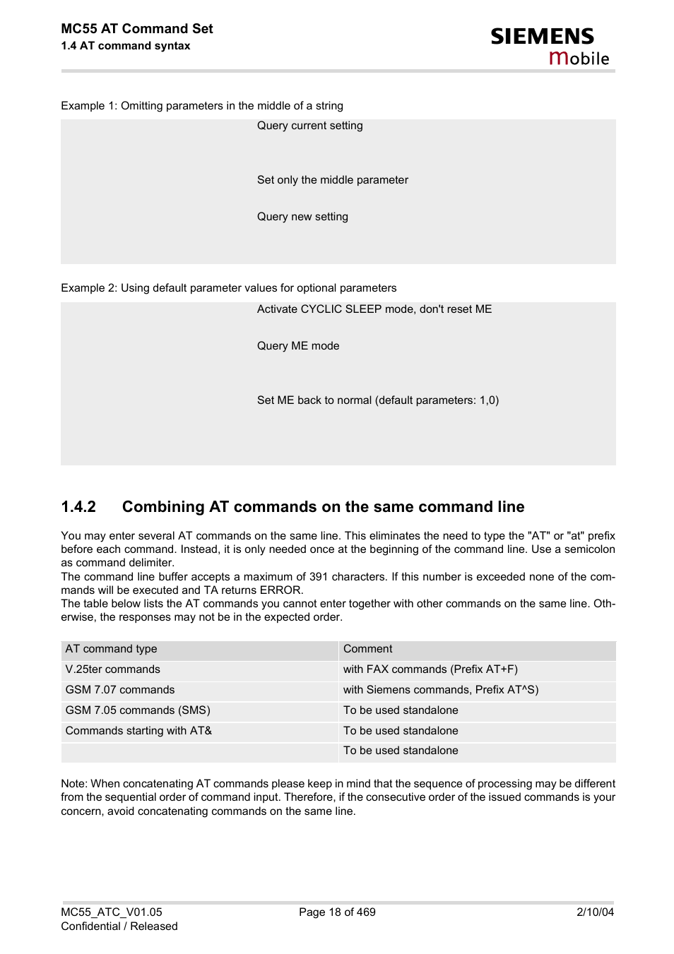 2 combining at commands on the same command line, Combining at commands on the same command line, Obile | Siemens MC55 User Manual | Page 18 / 469