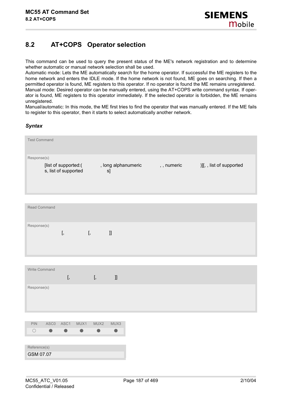 2 at+cops operator selection, At+cops operator selection, At+cops | Obile, Mc55 at command set | Siemens MC55 User Manual | Page 187 / 469