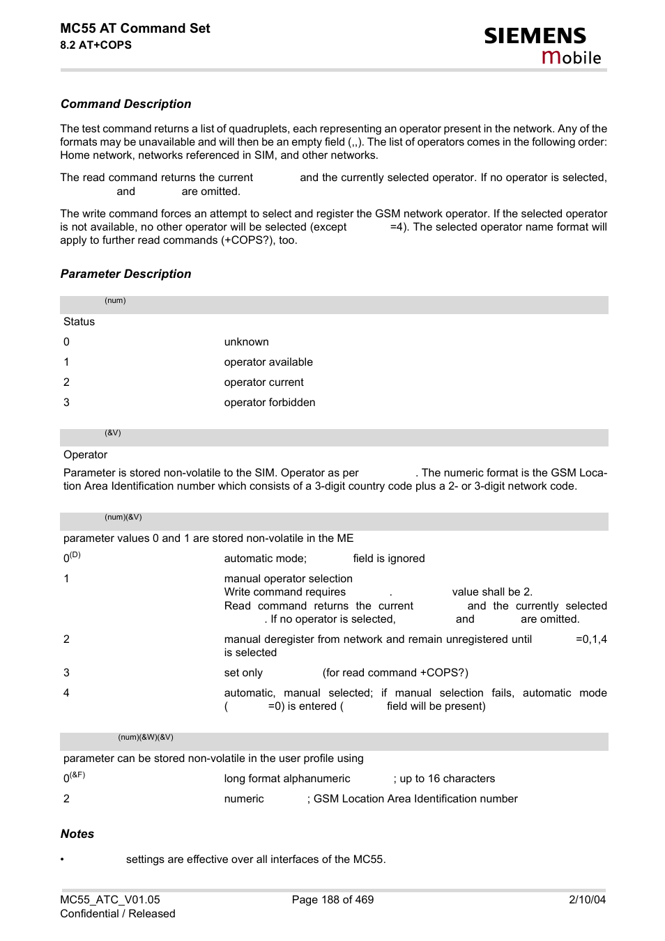 Stat, Oper, Mode | Format, Obile, Mc55 at command set | Siemens MC55 User Manual | Page 188 / 469