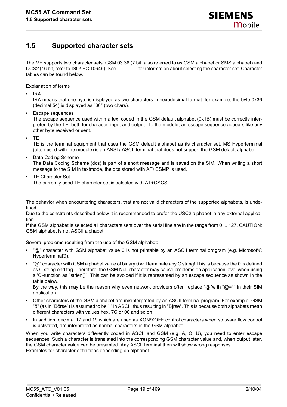 5 supported character sets, Supported character sets, Obile | Siemens MC55 User Manual | Page 19 / 469