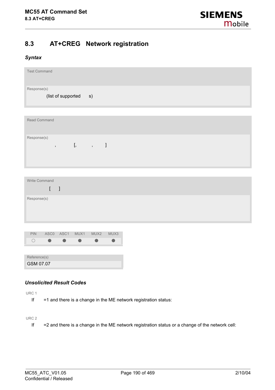 3 at+creg network registration, At+creg network registration, At+creg | Obile, Mc55 at command set | Siemens MC55 User Manual | Page 190 / 469