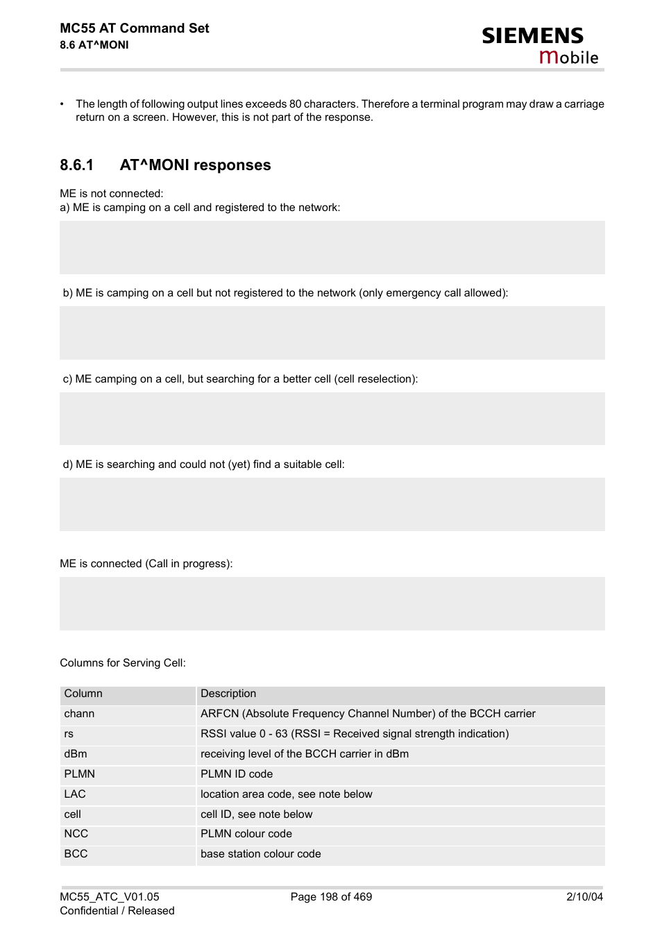 1 at^moni responses, At^moni responses, Obile | Siemens MC55 User Manual | Page 198 / 469