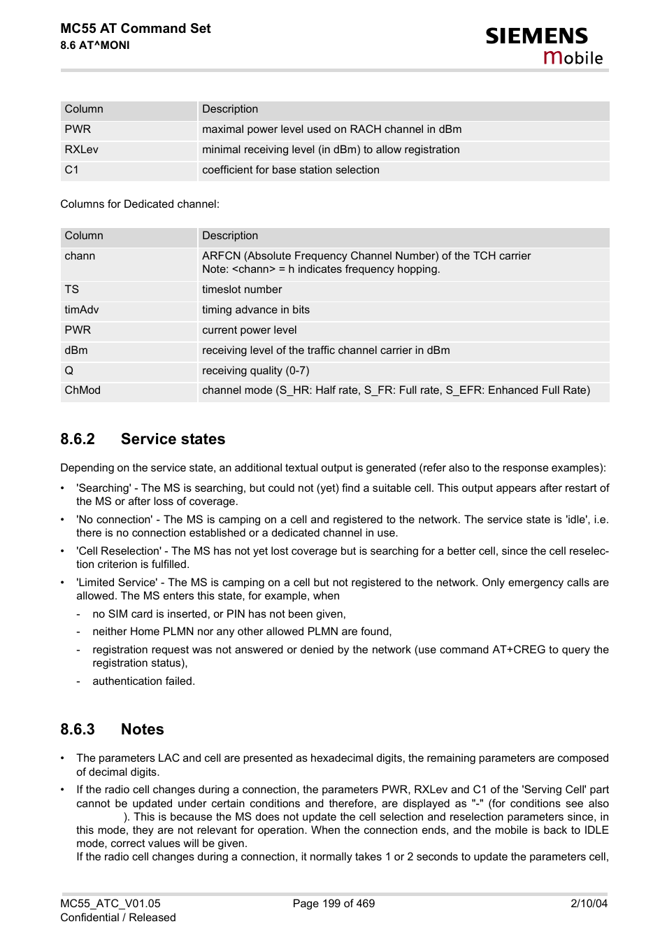 2 service states, 3 notes, Service states | Notes, Obile | Siemens MC55 User Manual | Page 199 / 469