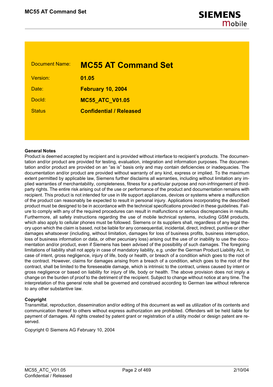 Mc55 at command set, Obile | Siemens MC55 User Manual | Page 2 / 469