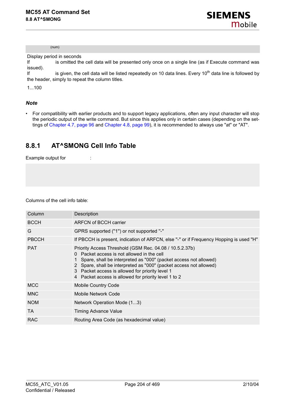 1 at^smong cell info table, At^smong cell info table, Period | Obile | Siemens MC55 User Manual | Page 204 / 469