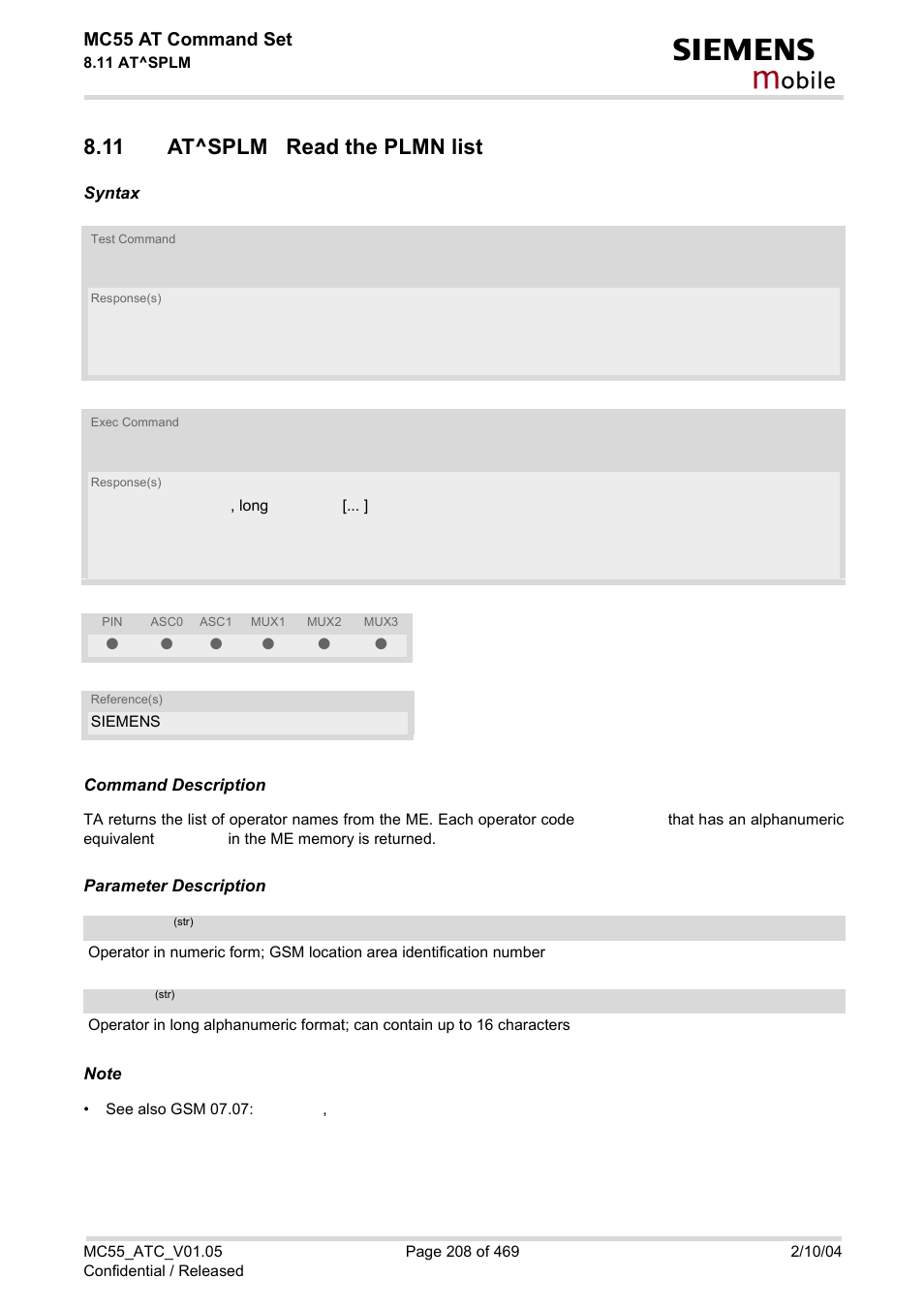 11 at^splm read the plmn list, At^splm, Obile | Mc55 at command set | Siemens MC55 User Manual | Page 208 / 469
