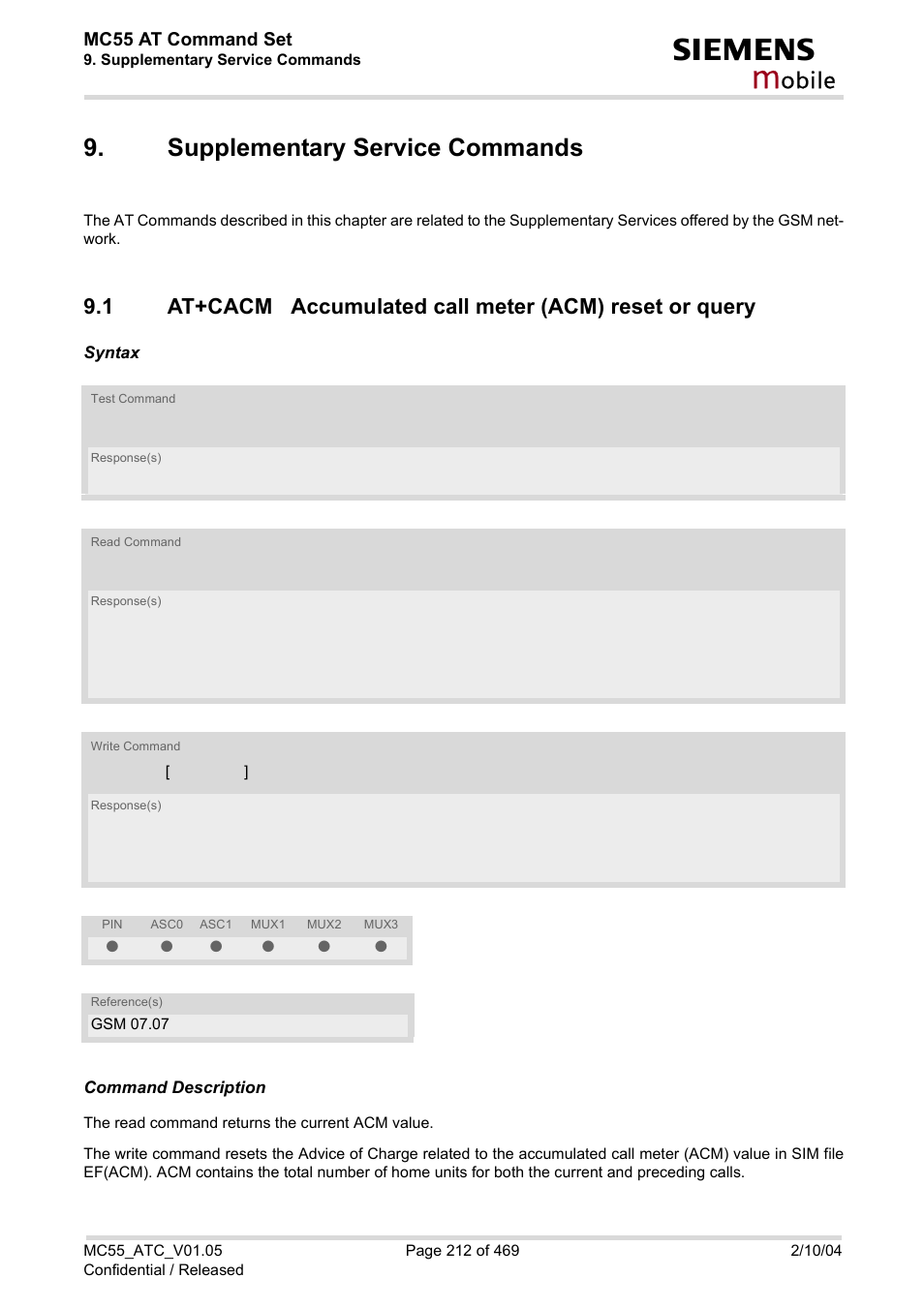 Supplementary service commands, At+cacm, Obile | Siemens MC55 User Manual | Page 212 / 469