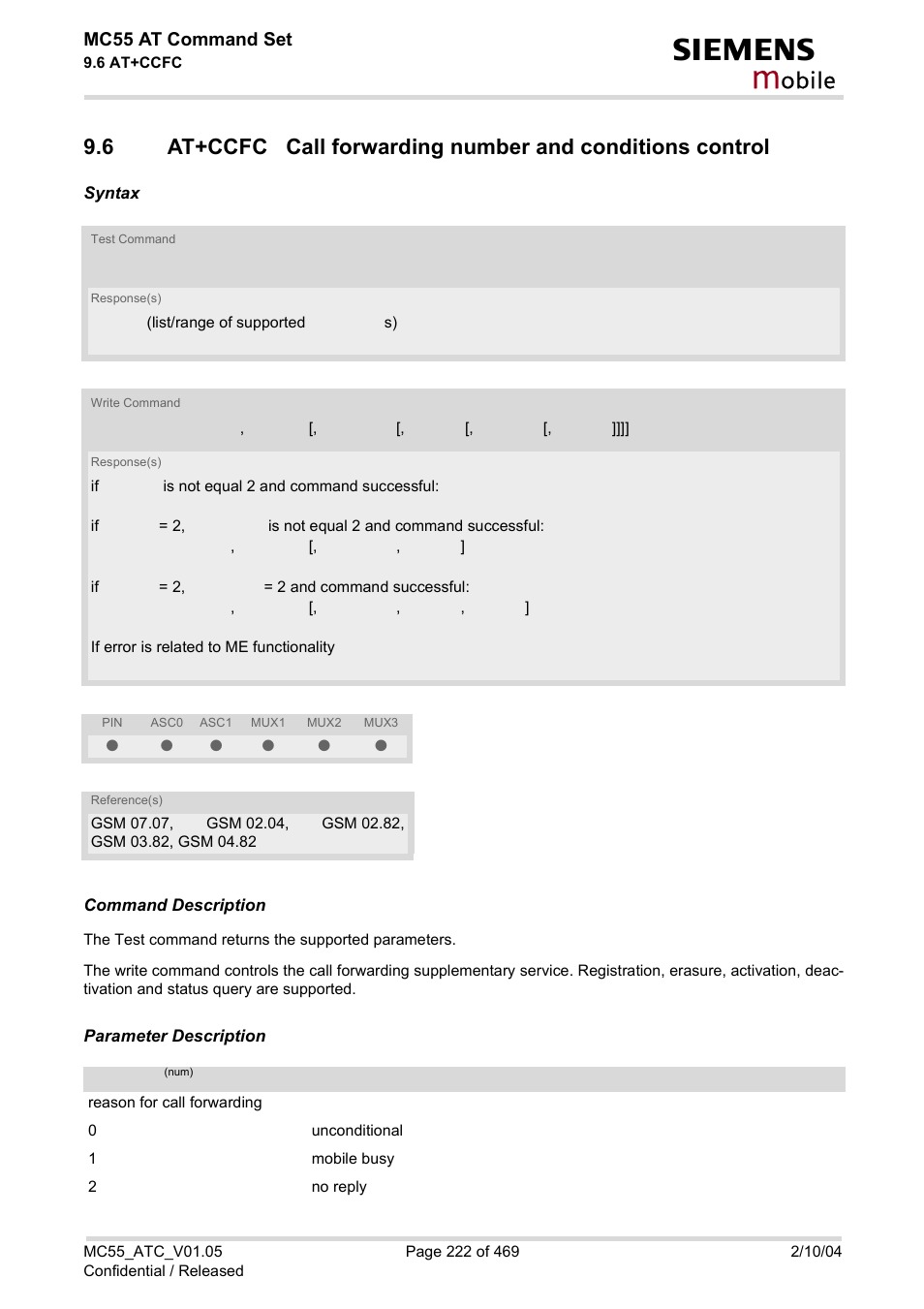 At+ccfc, Obile, Mc55 at command set | Siemens MC55 User Manual | Page 222 / 469