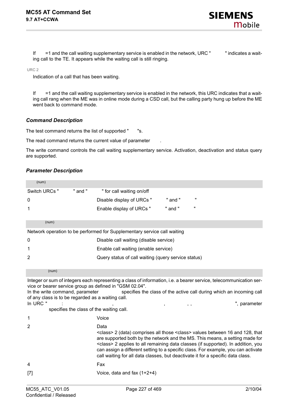 Mode, Class, Obile | Mc55 at command set | Siemens MC55 User Manual | Page 227 / 469