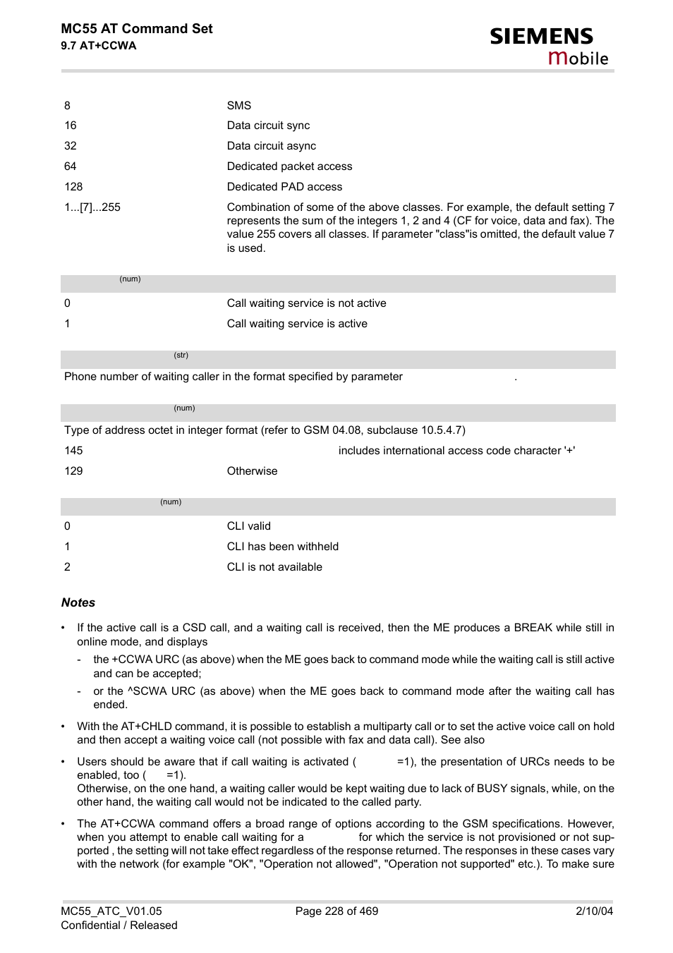 Status, Ccwa, Calling number | Type of number, Cli validity, Obile, Mc55 at command set | Siemens MC55 User Manual | Page 228 / 469