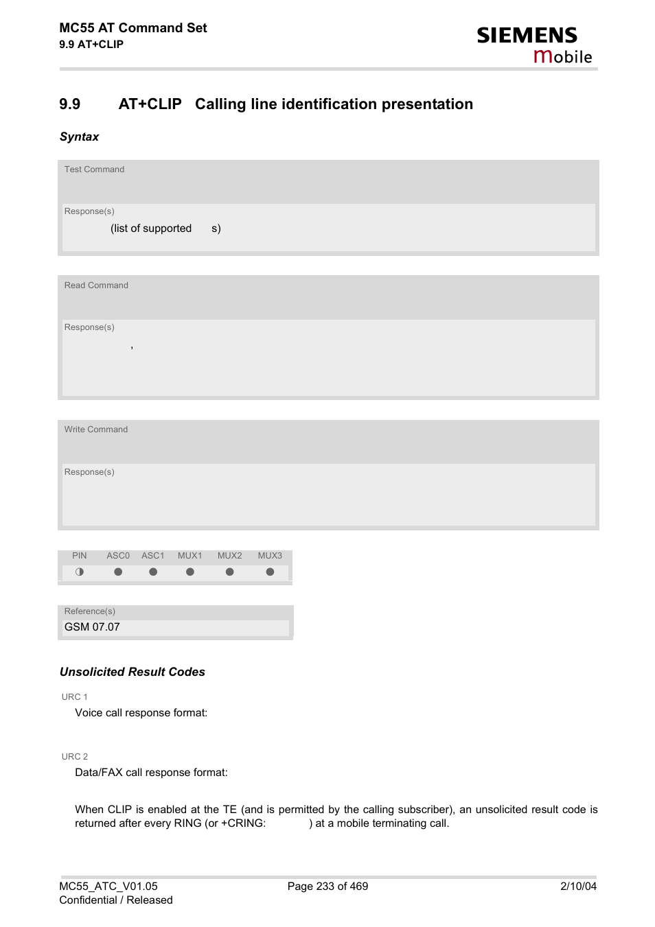9 at+clip calling line identification presentation, At+clip calling line identification presentation, Obile | Mc55 at command set | Siemens MC55 User Manual | Page 233 / 469