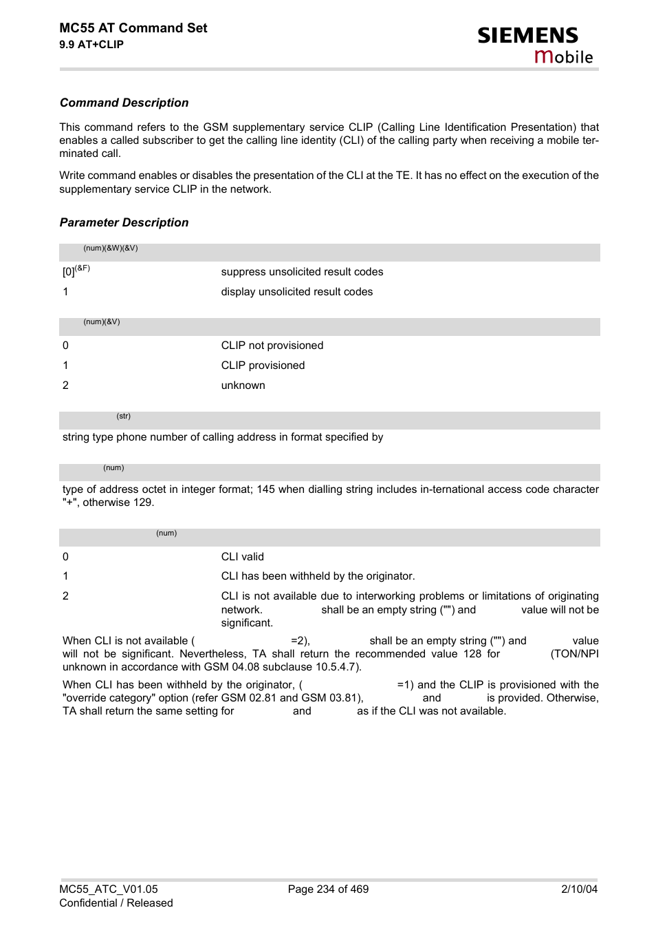 Clip, Number, Type | Cli validity, Obile, Mc55 at command set | Siemens MC55 User Manual | Page 234 / 469