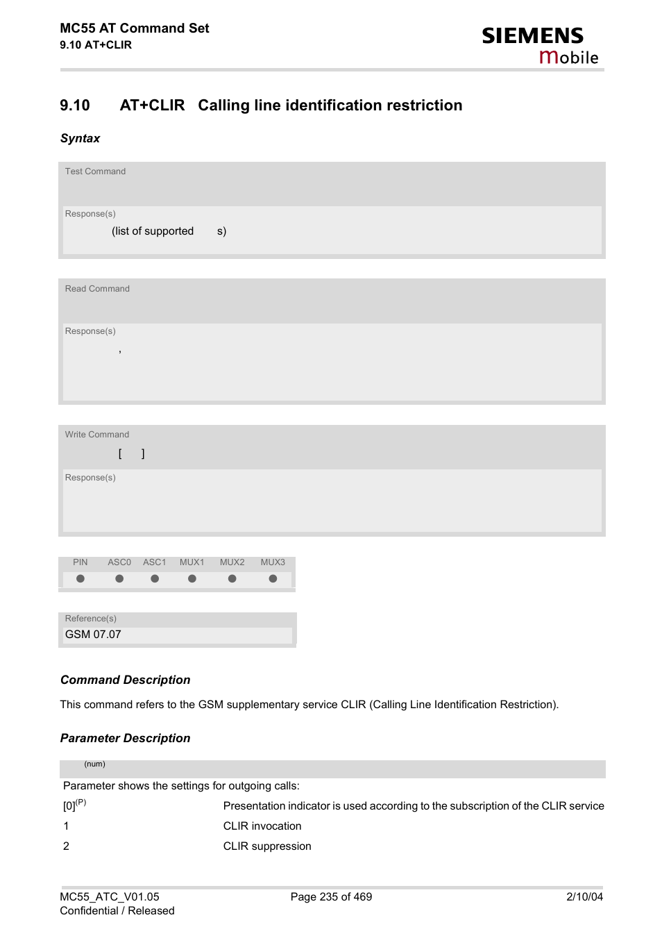 10 at+clir calling line identification restriction, Obile, Mc55 at command set | Siemens MC55 User Manual | Page 235 / 469