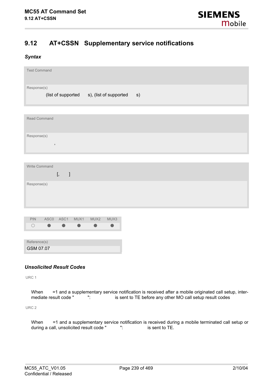 12 at+cssn supplementary service notifications, Obile, Mc55 at command set | Siemens MC55 User Manual | Page 239 / 469