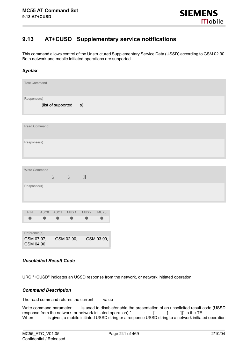 13 at+cusd supplementary service notifications, At+cusd, Obile | Mc55 at command set | Siemens MC55 User Manual | Page 241 / 469