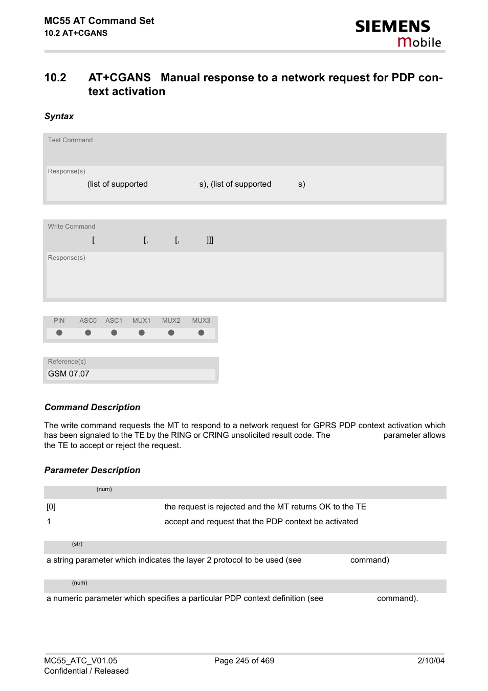 Obile, Mc55 at command set | Siemens MC55 User Manual | Page 245 / 469