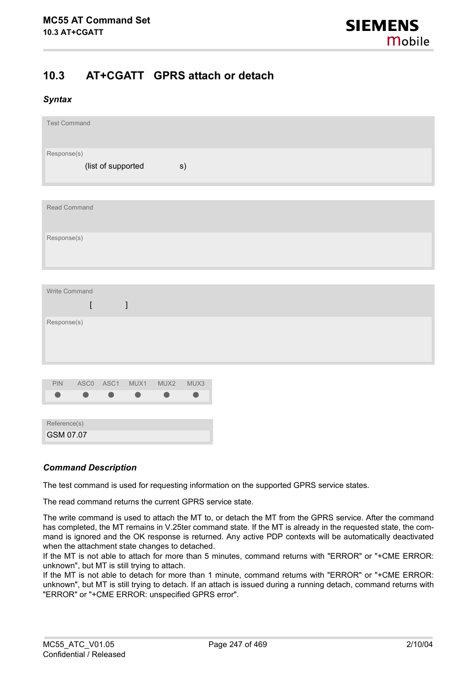 3 at+cgatt gprs attach or detach, Obile | Siemens MC55 User Manual | Page 247 / 469