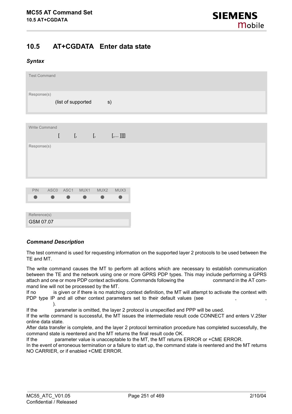 5 at+cgdata enter data state, At+cgdata, Obile | Mc55 at command set | Siemens MC55 User Manual | Page 251 / 469