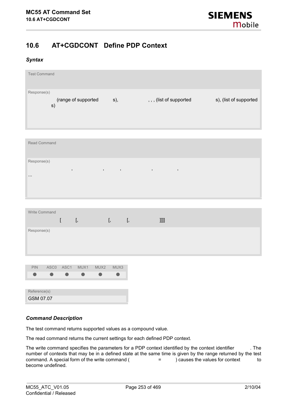 6 at+cgdcont define pdp context, At+cgdcont, Obile | Mc55 at command set | Siemens MC55 User Manual | Page 253 / 469