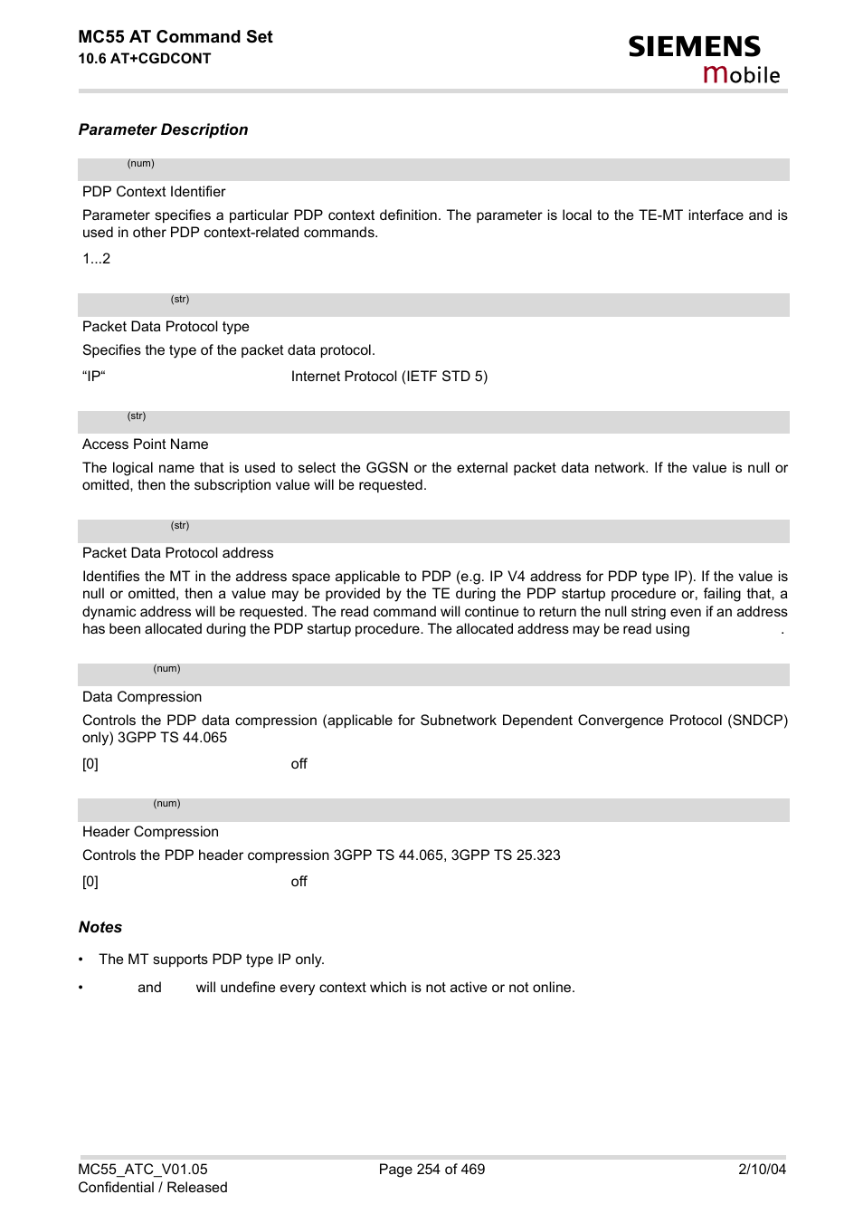 Pdp_type, Pdp_addr, D_comp | H_comp, Obile | Siemens MC55 User Manual | Page 254 / 469