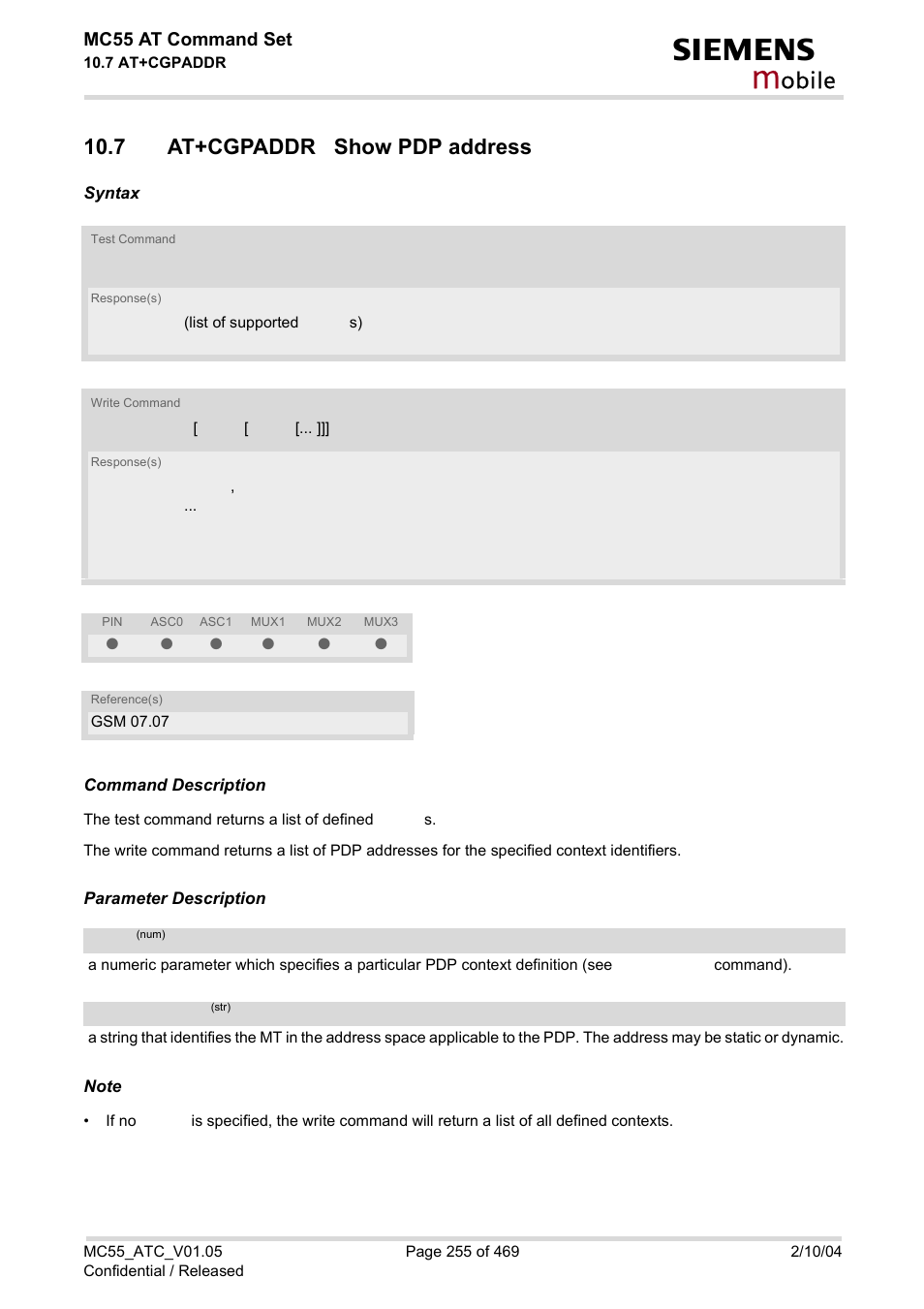 7 at+cgpaddr show pdp address, At+cgpaddr, Obile | Mc55 at command set | Siemens MC55 User Manual | Page 255 / 469
