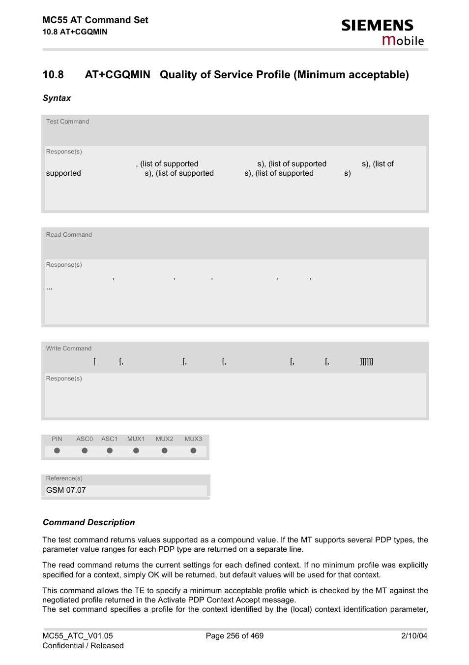 At+cgqmin, Obile, Mc55 at command set | Siemens MC55 User Manual | Page 256 / 469