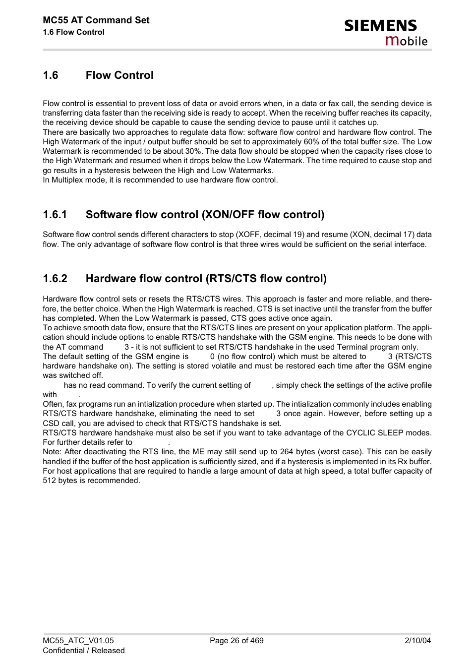 6 flow control, 1 software flow control (xon/off flow control), 2 hardware flow control (rts/cts flow control) | Flow control, Software flow control (xon/off flow control), Hardware flow control (rts/cts flow control), Obile | Siemens MC55 User Manual | Page 26 / 469