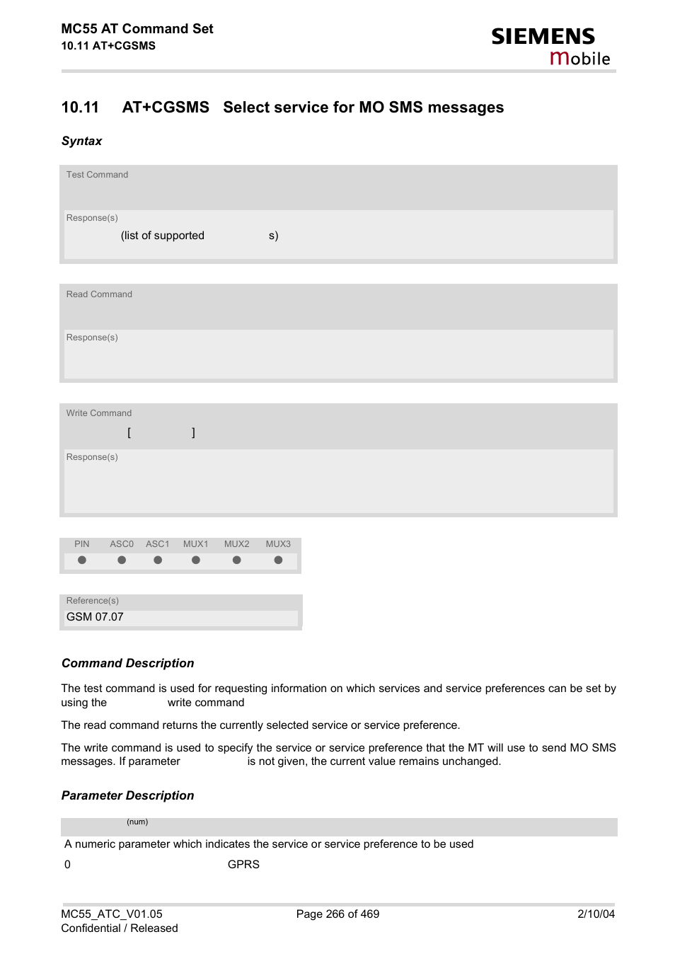 11 at+cgsms select service for mo sms messages, Obile, Mc55 at command set | Siemens MC55 User Manual | Page 266 / 469