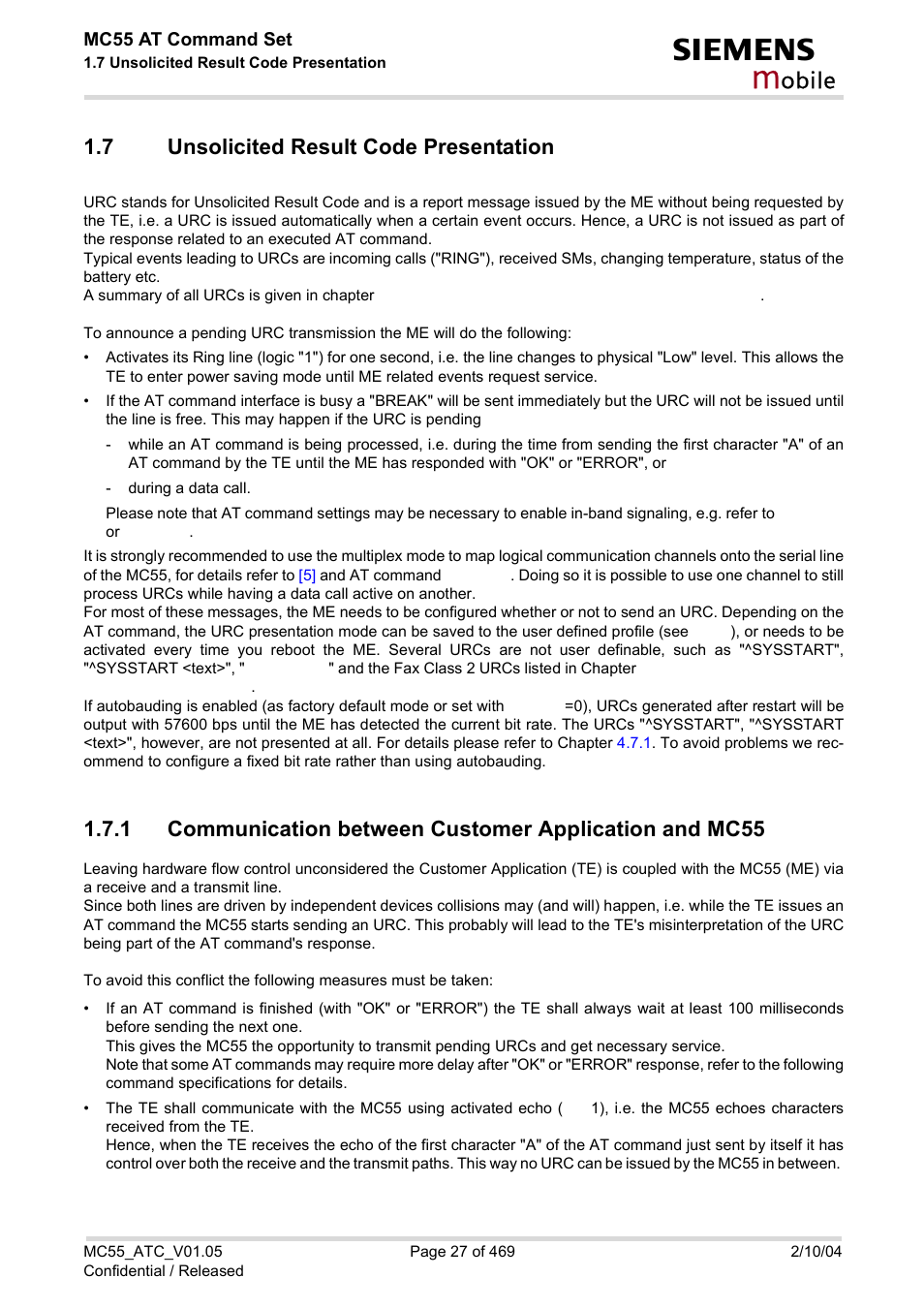 7 unsolicited result code presentation, Unsolicited result code presentation, Obile | Siemens MC55 User Manual | Page 27 / 469