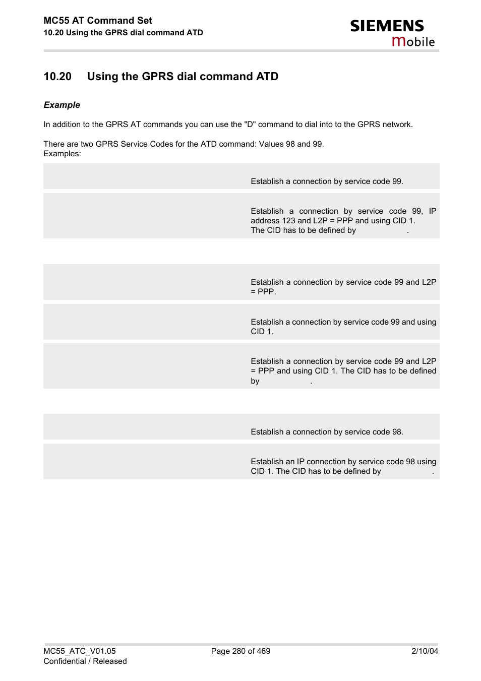 20 using the gprs dial command atd, Obile | Siemens MC55 User Manual | Page 280 / 469